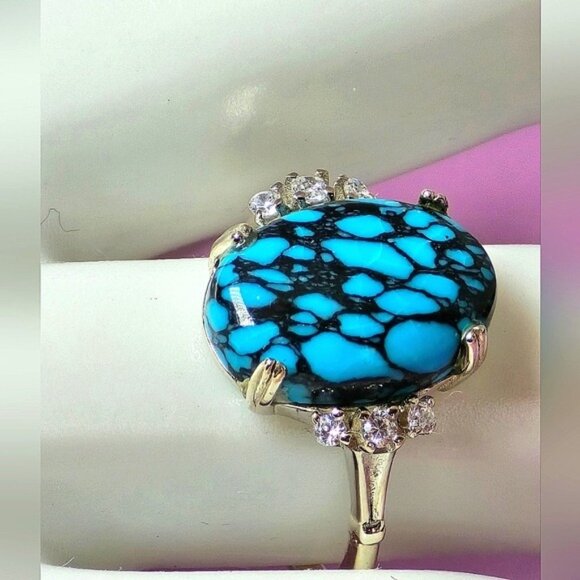 925 Sterling Silver Ring SZ 6.5 with Natural Turquoise   & CZ - Picture 10 of 14